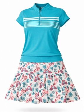 PGA Tour Bright Teal 1/4 Zip-Up short sleeve Top size L and Floral Skort